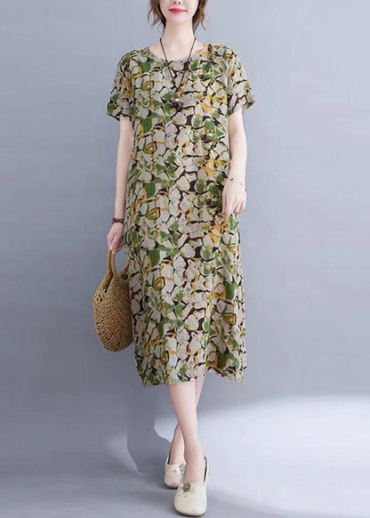 Green O-neck Print Long Dress Short Sleeve