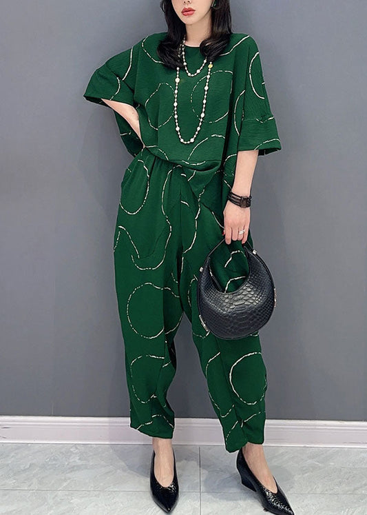Green O-neck Print Tops and Pants Patchwork Cotton Two Pieces Set Summer