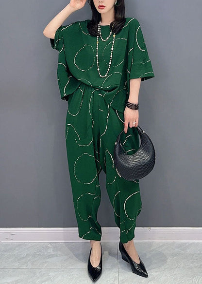 Green O-neck Print Tops and Pants Patchwork Cotton Two Pieces Set Summer