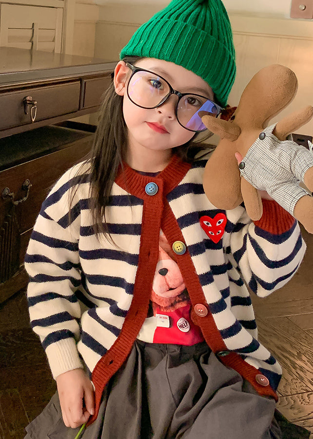 Green O-neck Striped Button Cotton Knit Kids Cardigan Spring