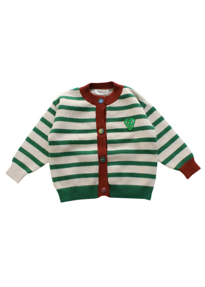 Green O-neck Striped Button Cotton Knit Kids Cardigan Spring
