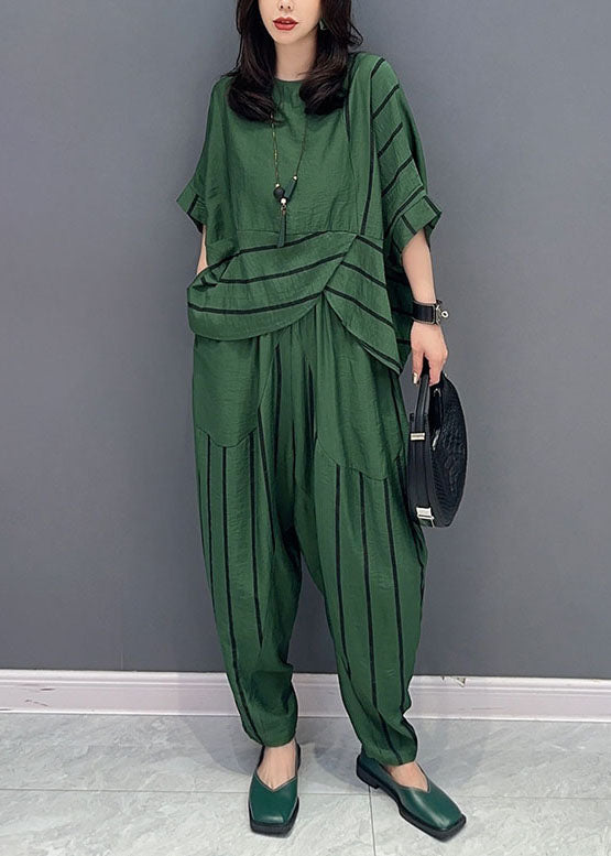 Green O-neck Striped Patchwork Tops and Pants Cotton Two Piece Set Summer