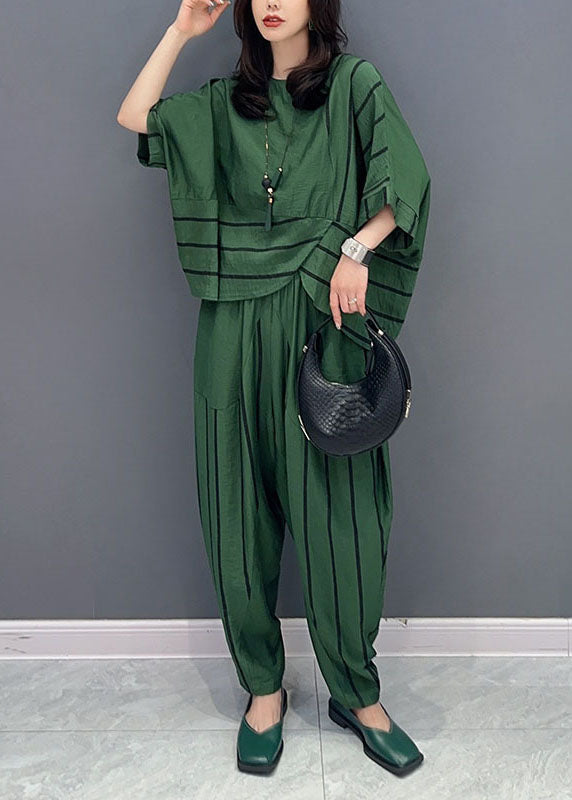 Green O-neck Striped Patchwork Tops and Pants Cotton Two Piece Set Summer