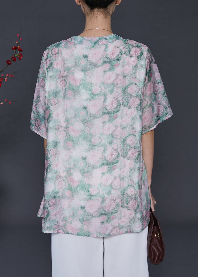 Green Oversized Print Cotton Blouses Summer