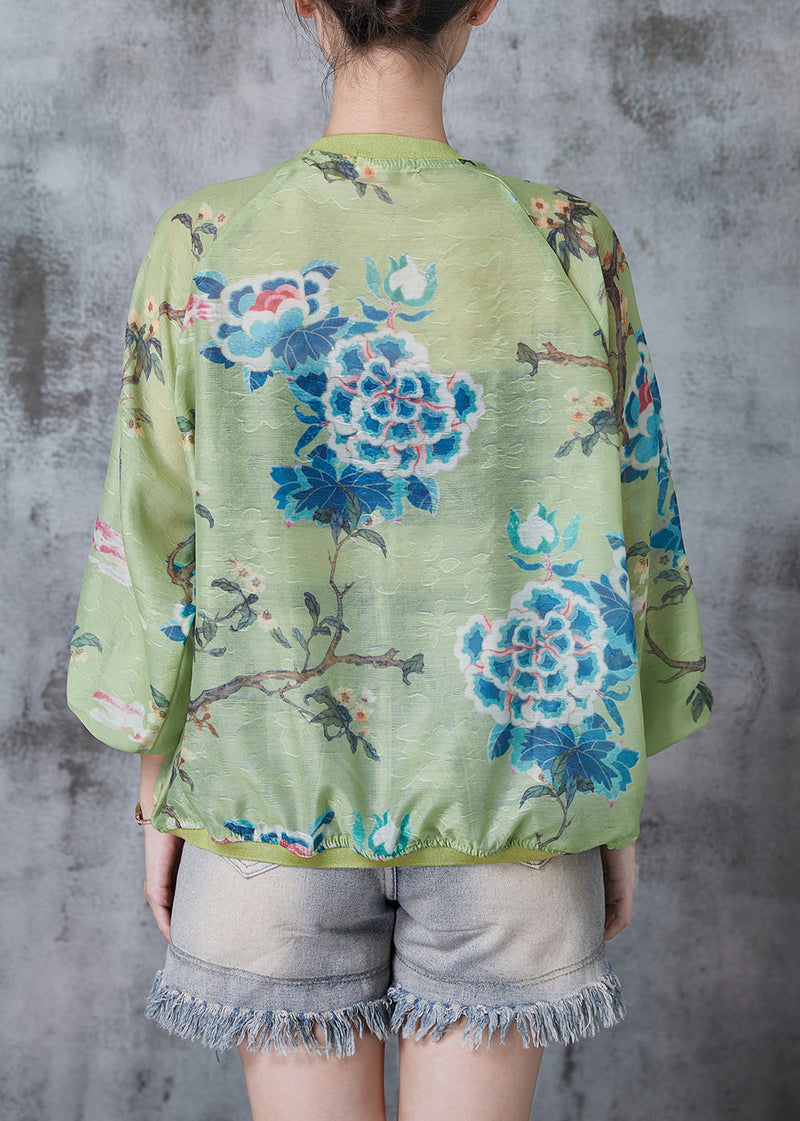 Green Oversized Print Silk Jackets Fall