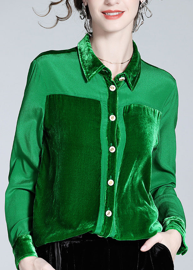 Green Peter Pan Collar Patchwork Button Silk Shirt Long Sleeve
