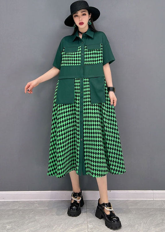 Green Peter Pan Collar Patchwork Print Chiffon Party Dress Short Sleeve