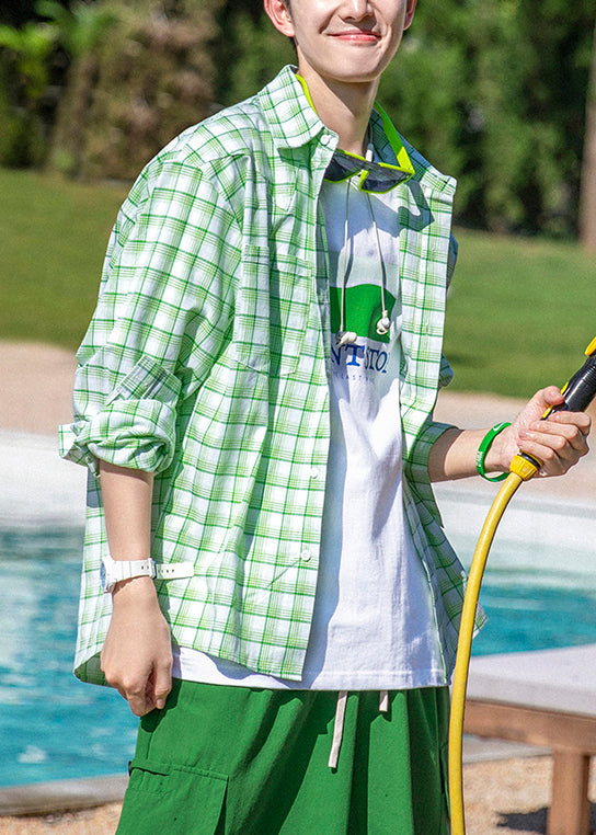 Green Plaid Button Oversized Cotton Shirts Spring