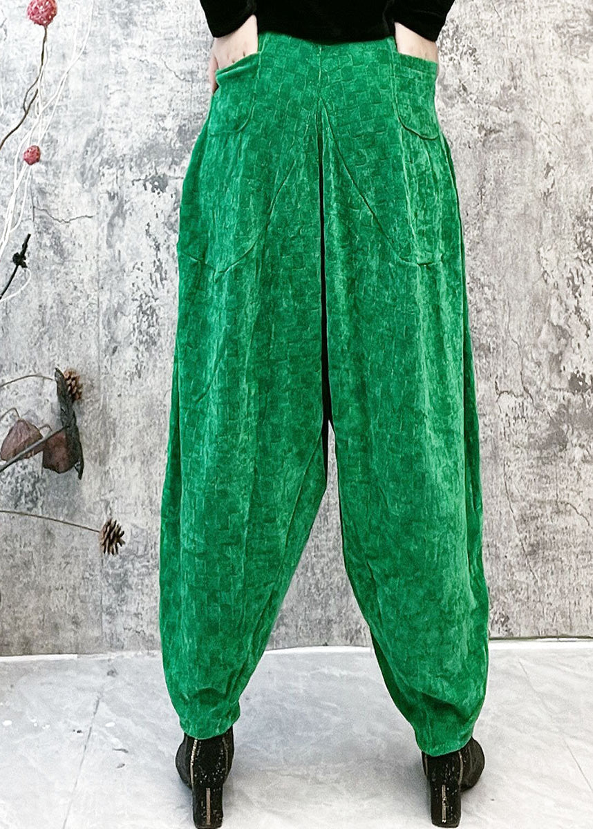 Green Plaid Elastic Waist Velour Lantern Pants Spring