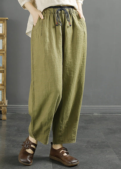 Green Pockets Cinched High Waist Linen Crop Pants Fall
