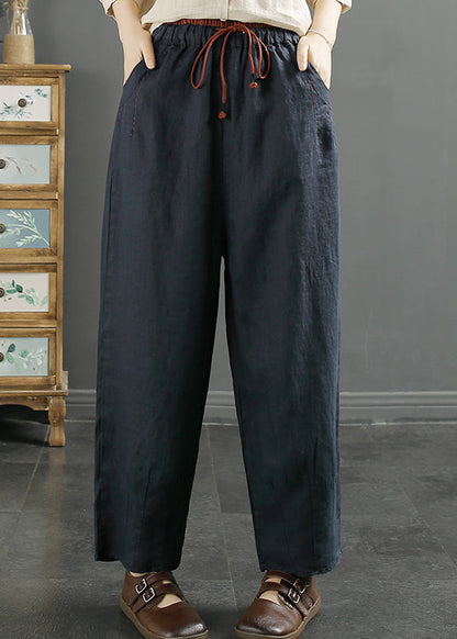 Green Pockets Cinched High Waist Linen Crop Pants Fall