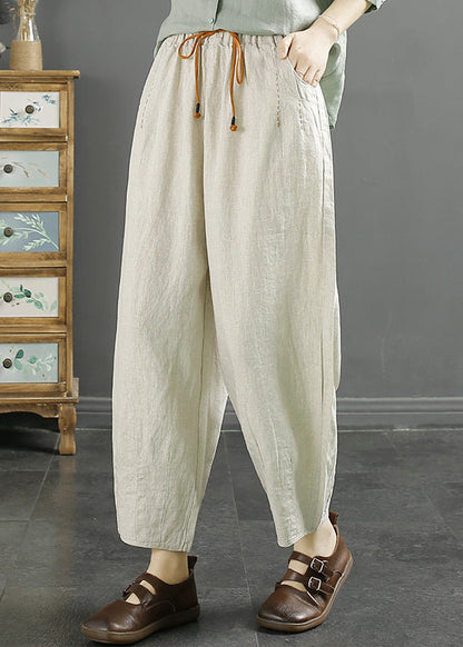 Green Pockets Cinched High Waist Linen Crop Pants Fall