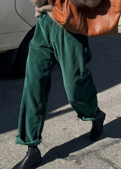 Green Pockets Corduroy Straight Pants Fall