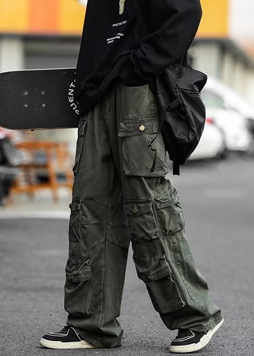 Green Pockets High Waist Cotton Pants Fall