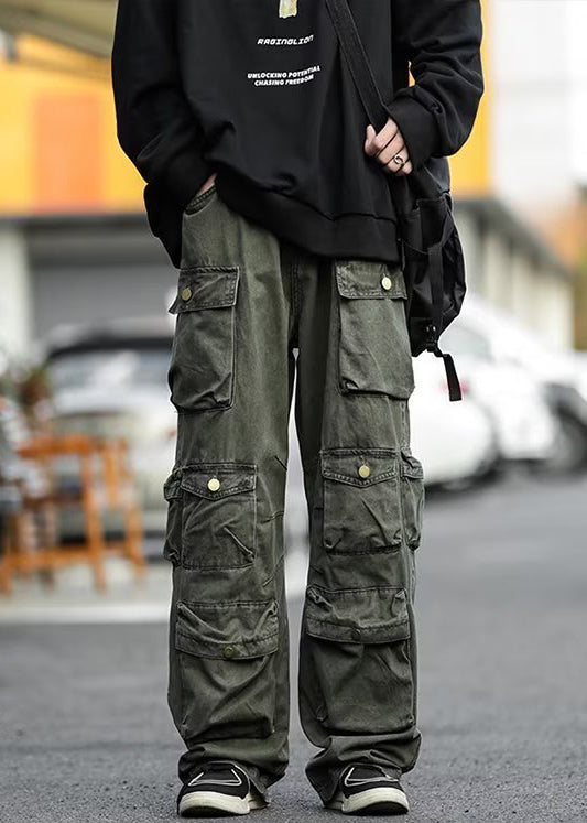 Green Pockets High Waist Cotton Pants Fall