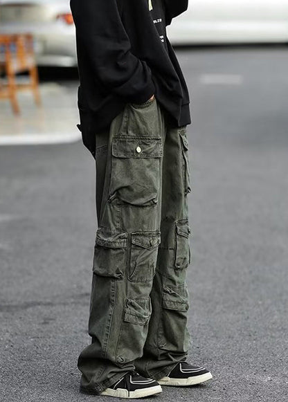 Green Pockets High Waist Cotton Pants Fall