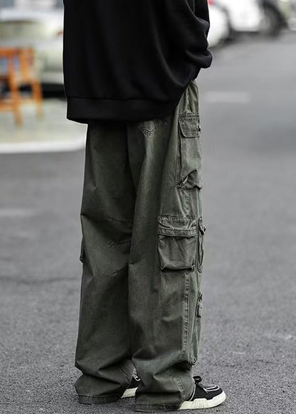 Green Pockets High Waist Cotton Pants Fall