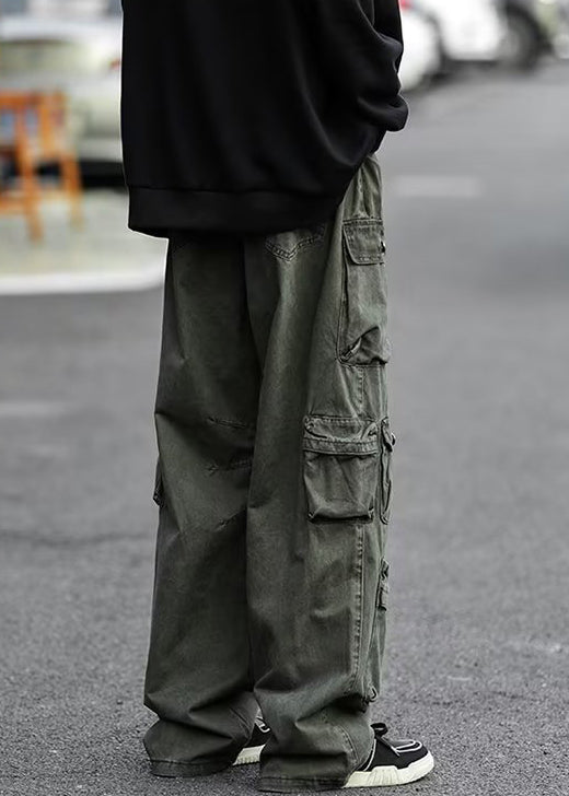 Green Pockets High Waist Cotton Pants Fall
