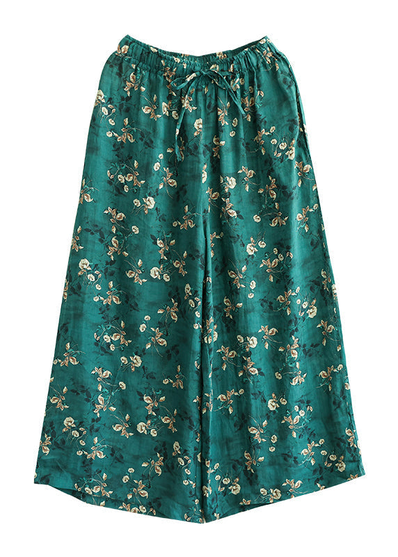 Green Pockets Print Lace Up Elastic Waist Linen Wide Leg Pants Summer