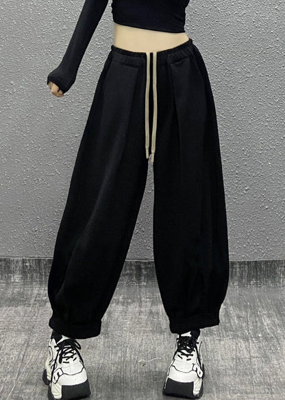 Green Pockets Wrinkled Elastic Waist Cotton Sport Pants Fall