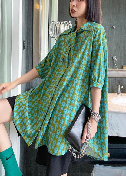 Green Print Button Short Sleeve Cotton Top
