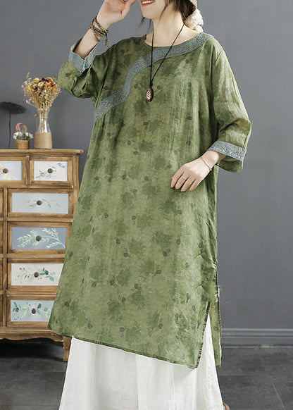 Casual Green Print Patchwork Side Open Ramie Top Spring