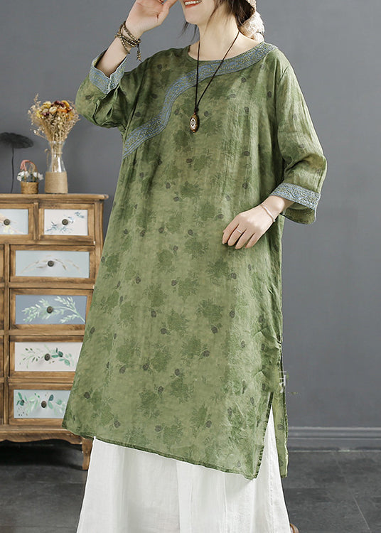 Green Print Patchwork Side Open Ramie Top Spring