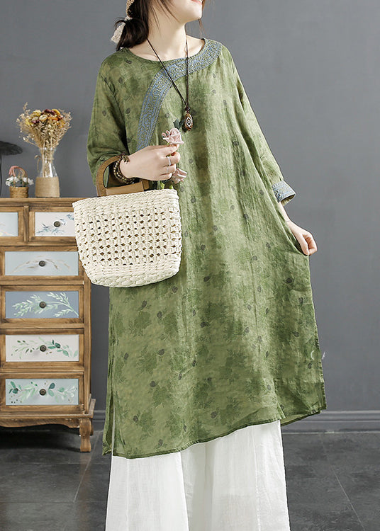 Green Print Patchwork Side Open Ramie Top Spring