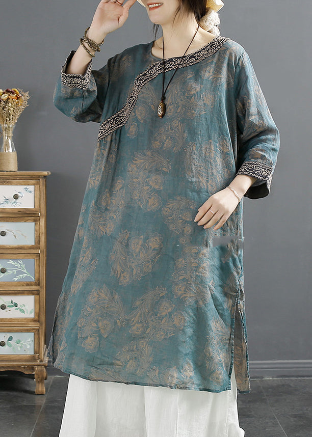 Green Print Patchwork Side Open Ramie Top Spring