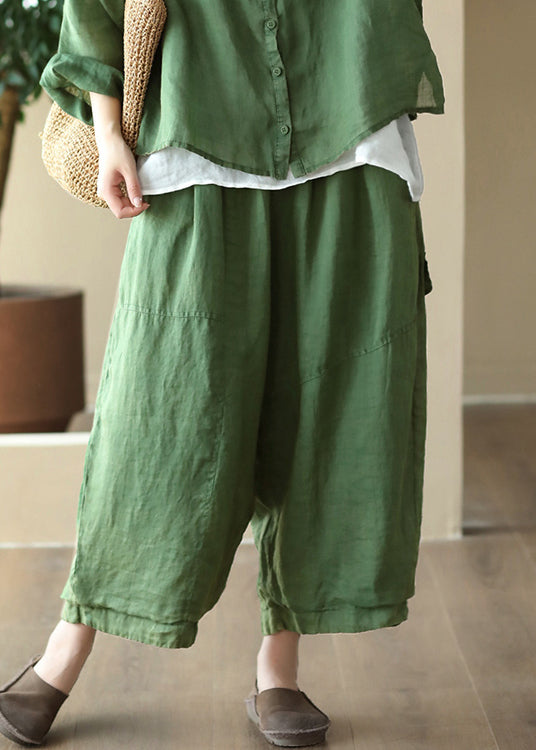 Green Pockets High Waist Linen Wide Leg Pants