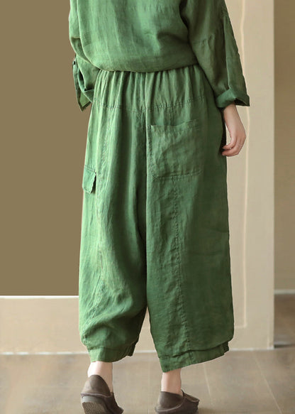 Green Pockets High Waist Linen Wide Leg Pants