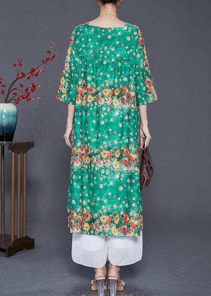 Green Square Collar Print Silk Dresses Summer