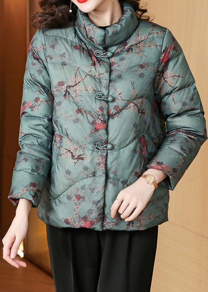 Green Stand Collar Pockets Parka Winter