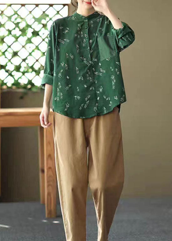 Green Stand Collar Print Patchwork Corduroy Blouses Spring