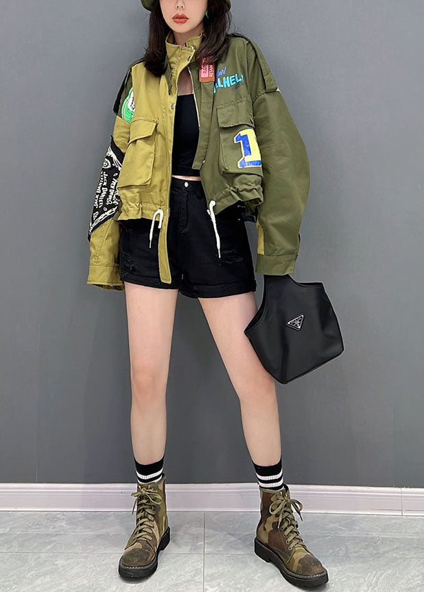Green Stand Collar Zip Up Patchwork Drawstring Cotton Denim Coats Fall