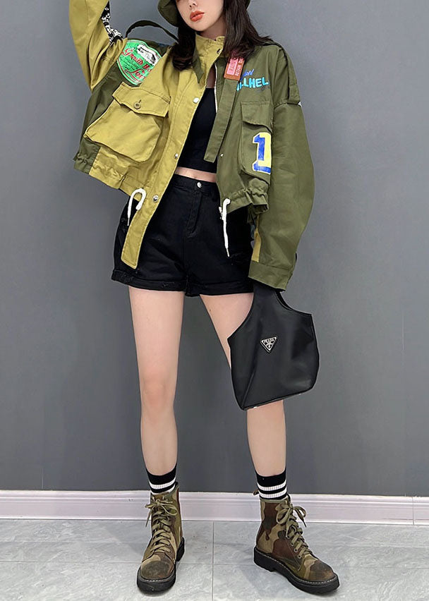 Green Stand Collar Zip Up Patchwork Drawstring Cotton Denim Coats Fall