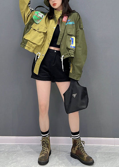 Green Stand Collar Zip Up Patchwork Drawstring Cotton Denim Coats Fall