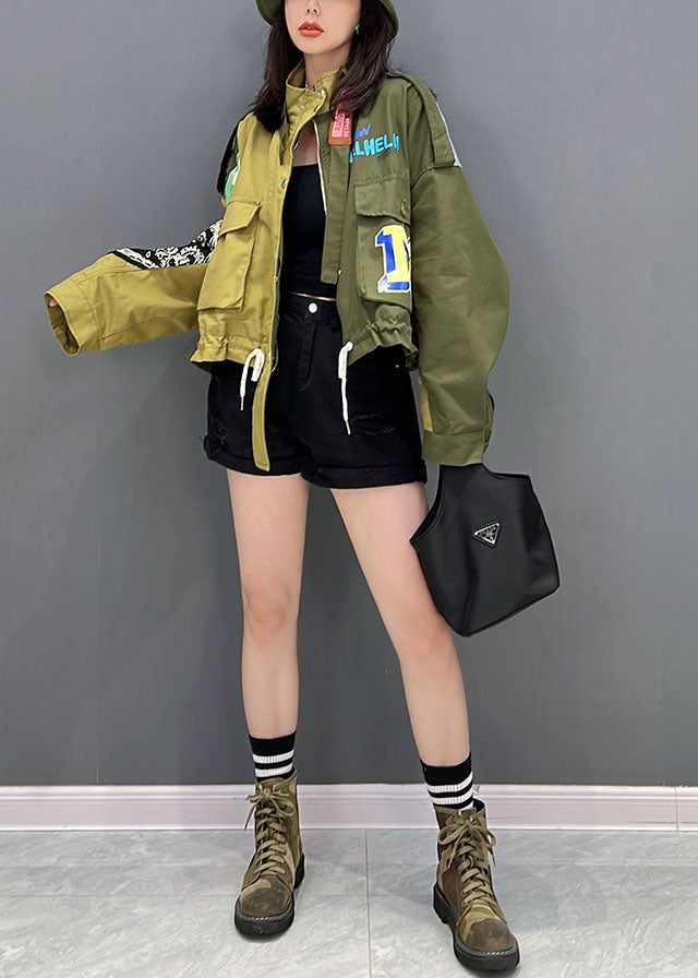 Green Stand Collar Zip Up Patchwork Drawstring Cotton Denim Coats Fall