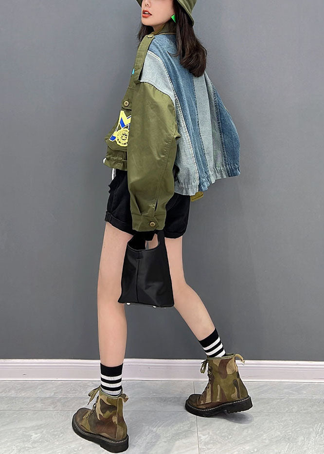 Green Stand Collar Zip Up Patchwork Drawstring Cotton Denim Coats Fall