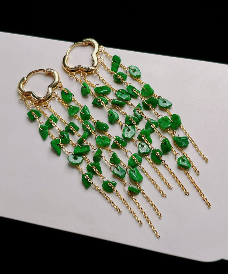 Green Sterling Silver 14k Gold Jade Tassel Drop Earrings Kx1003