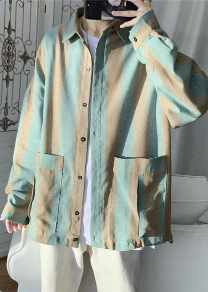 Casual Green Striped Pockets Cotton Mens Shirts Spring