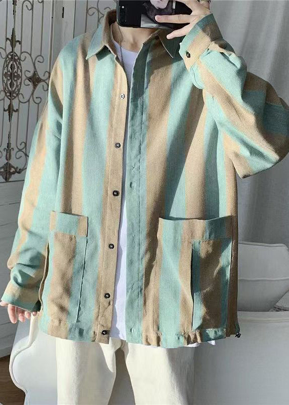 Green Striped Pockets Cotton Shirts Spring