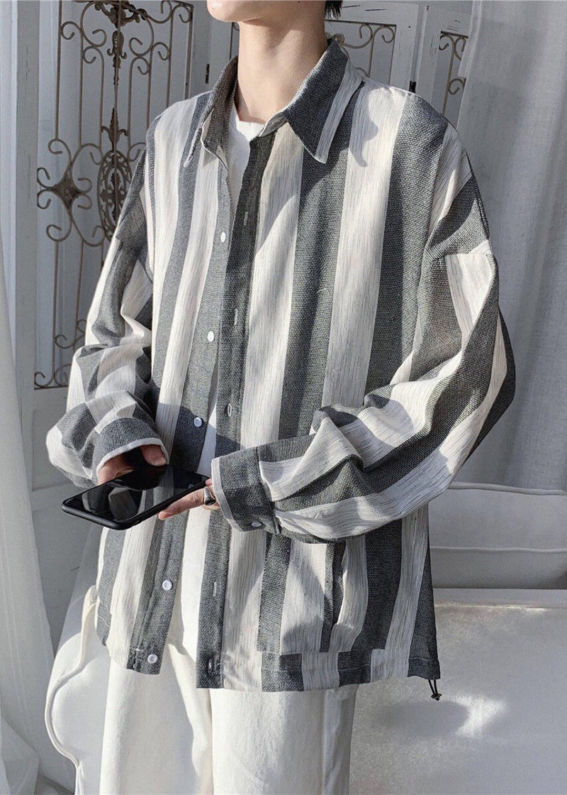 Green Striped Pockets Cotton Shirts Spring