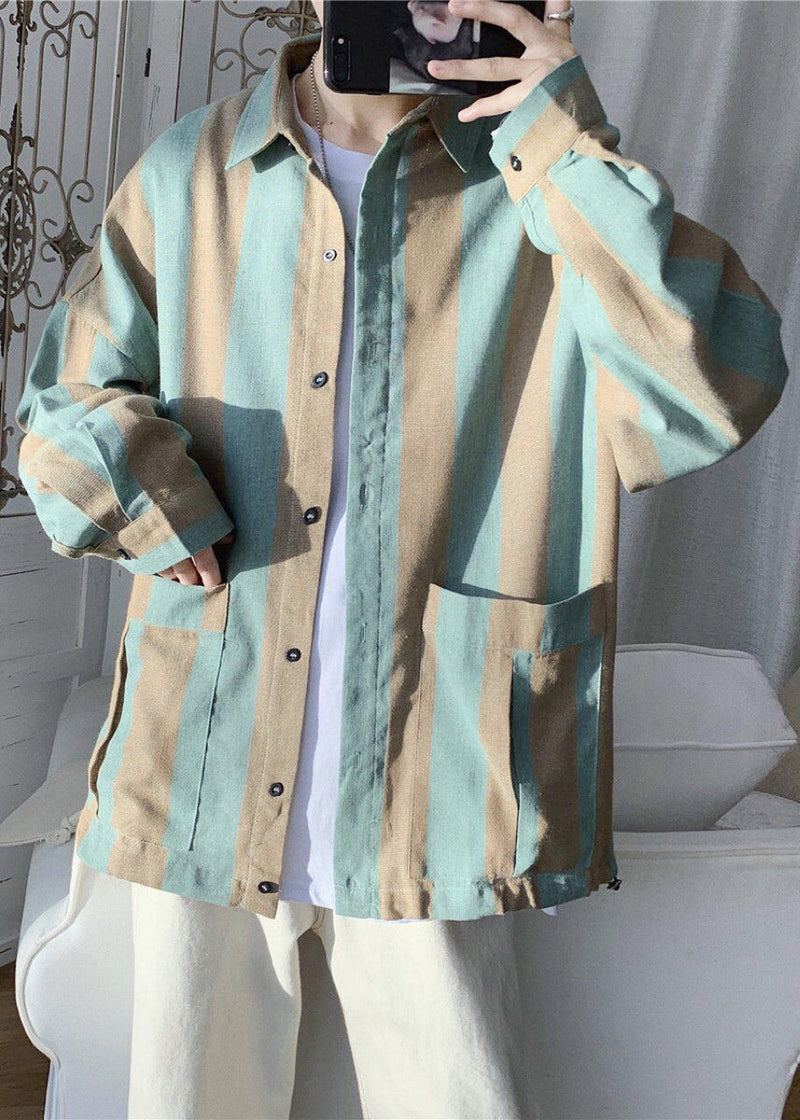 Green Striped Pockets Cotton Shirts Spring