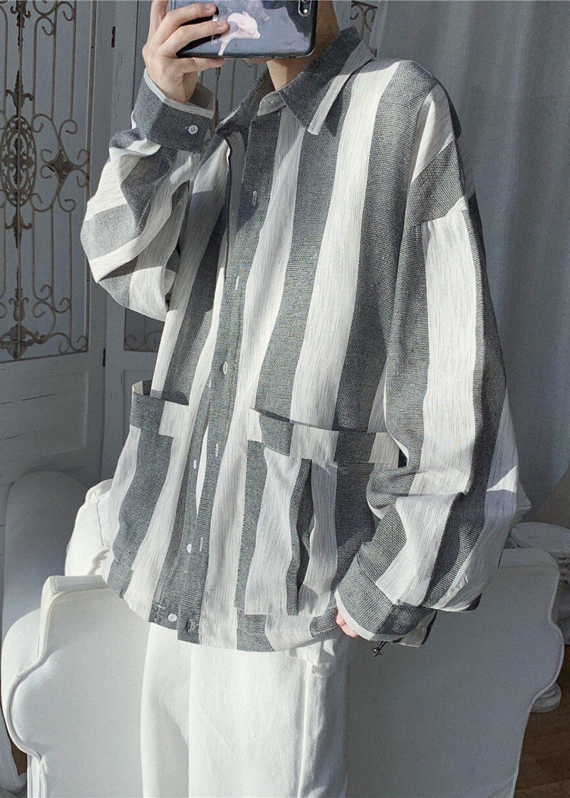 Green Striped Pockets Cotton Shirts Spring