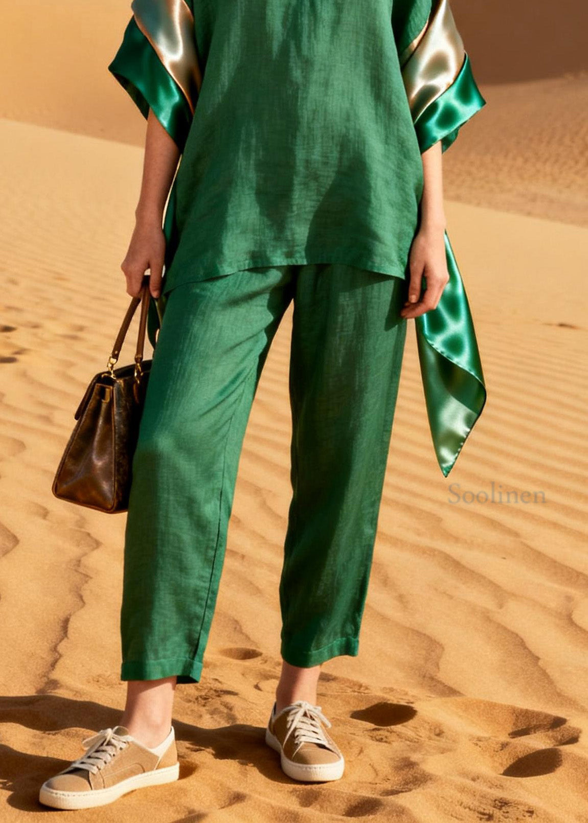 Green Top and Pants Patchwork Linen Silk Two Pieces Set Summer