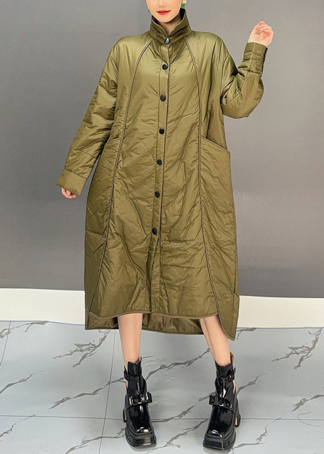 Green Turtleneck Pockets Button Low High Design Thick Parka Winter