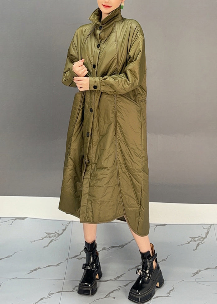 Green Turtleneck Pockets Button Low High Design Thick Parka Winter