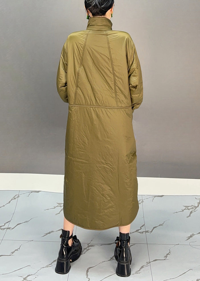 Green Turtleneck Pockets Button Low High Design Thick Parka Winter