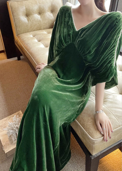Green V Neck Nail Bead Tunic Velour Maxi Dress Half Sleeve